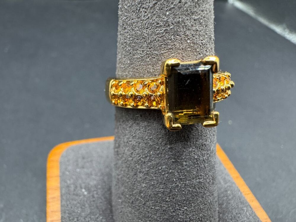 Vintage Rare Swarovski Smoky Quartz Crystals Pavé Ring Gold Tone Sz 7.5